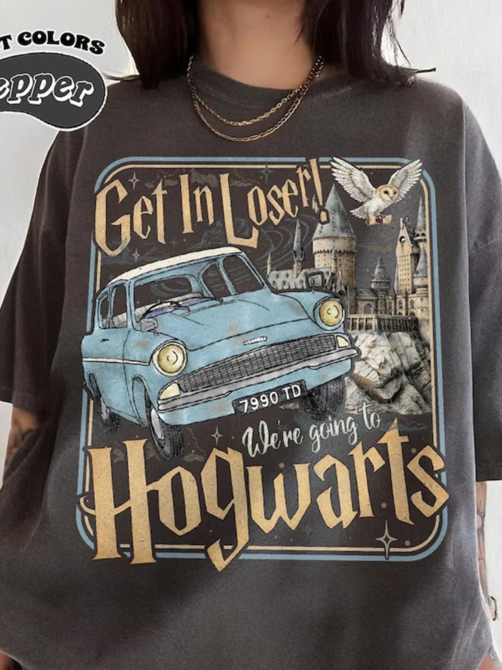Comfort Colors Pepper Graphic Tee with Blue Car and Gold Lettering